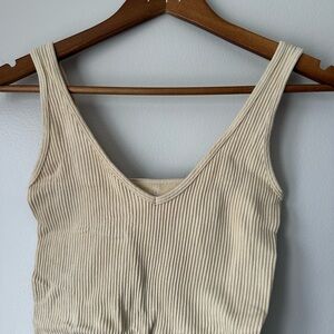 Sleeveless Ribbed V-Neck Bodysuit- Cream